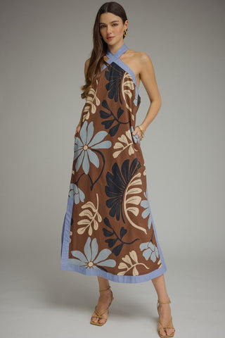 Eris Floral Sleeveless Midi Halter Dress • Brown