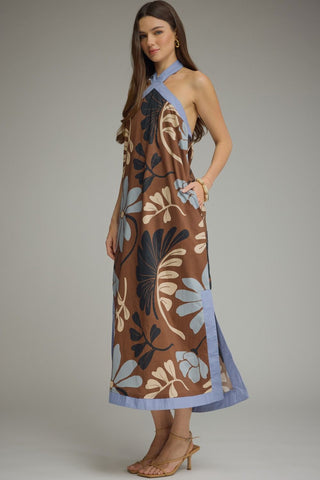 Eris Floral Sleeveless Midi Halter Dress • Brown