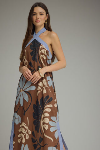 Eris Floral Sleeveless Midi Halter Dress • Brown