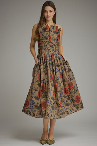 Navi Pleated Bodice Floral Midi Dress • Camel