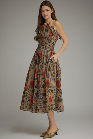 Navi Pleated Bodice Floral Midi Dress • Camel