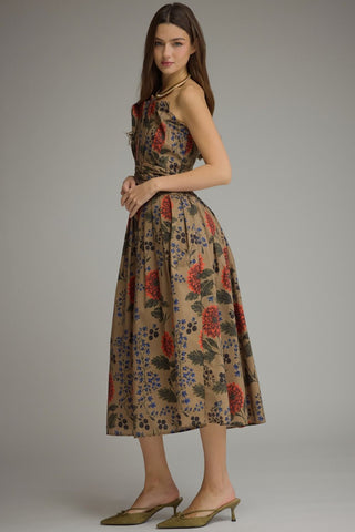 Navi Pleated Bodice Floral Midi Dress • Camel