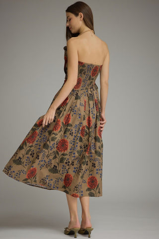 Navi Pleated Bodice Floral Midi Dress • Camel