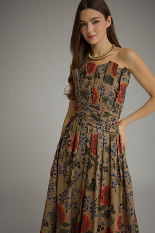 Navi Pleated Bodice Floral Midi Dress • Camel
