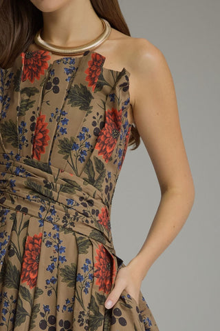 Navi Pleated Bodice Floral Midi Dress • Camel