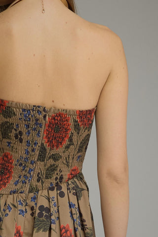 Navi Pleated Bodice Floral Midi Dress • Camel