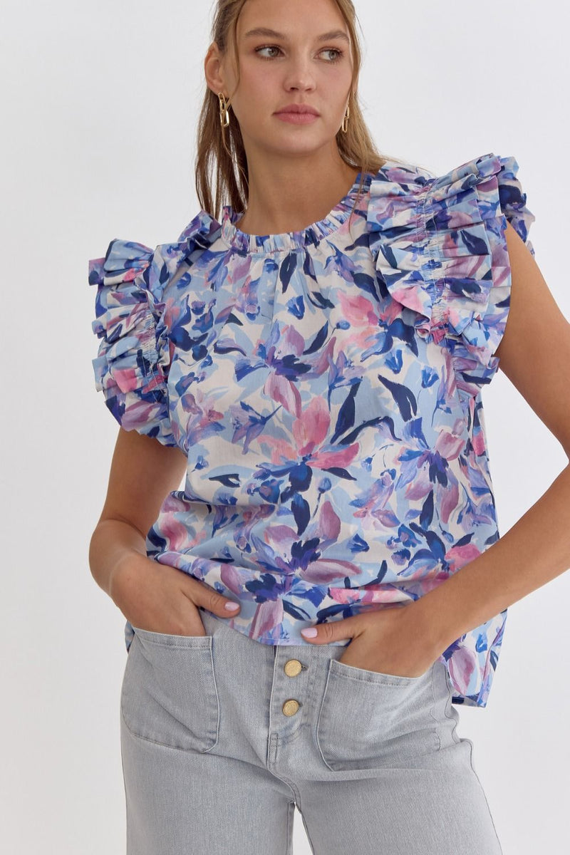 Floral Ruffle Sleeve Top • Blue