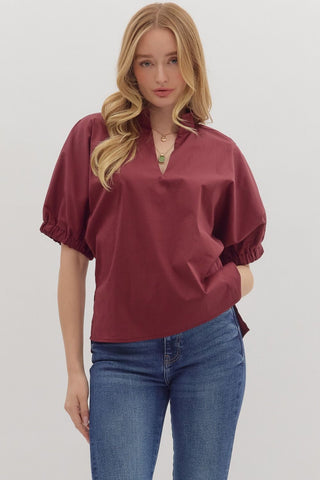 Brianna Puff-Sleeve V-Neck Top • Wine