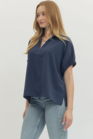 Corinne Split Collar Top • Navy