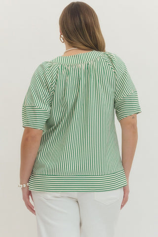 Geena Plus Striped V Neck Top • Green