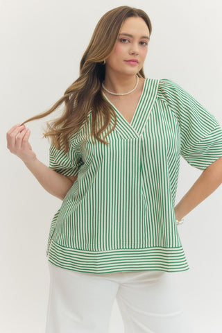 Geena Plus Striped V Neck Top • Green