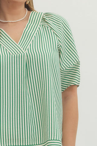 Geena Plus Striped V Neck Top • Green