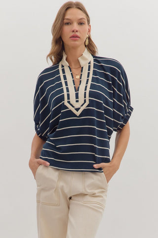 Pippa Striped V-Neck Dolman Top • Navy