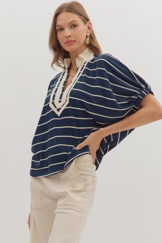Pippa Striped V-Neck Dolman Top • Navy