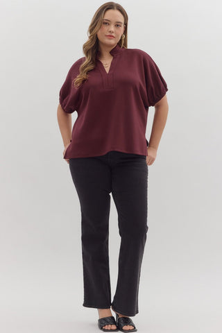 Riley Collar V Neck Top PLUS • Burgundy