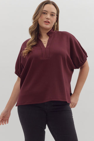 Riley Collar V Neck Top PLUS • Burgundy