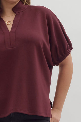 Riley Collar V Neck Top PLUS • Burgundy