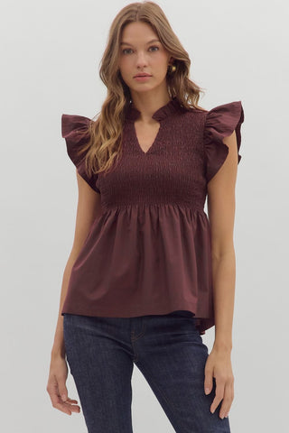 Whitnee Smocked Ruffle Top • Wine