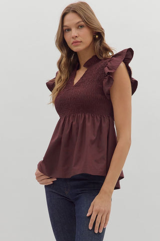 Whitnee Smocked Ruffle Top • Wine