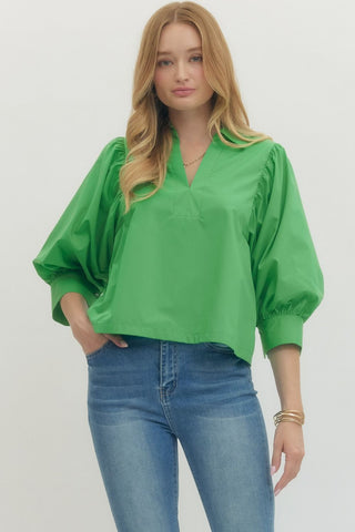Sidney V Neck Puff Sleeve Collar Top • Green