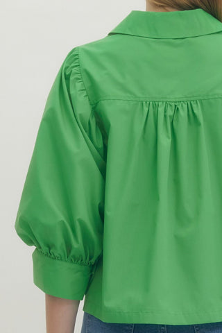 Sidney V Neck Puff Sleeve Collar Top • Green