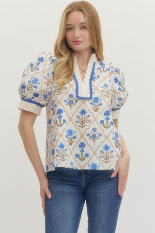 Ibiza Floral Print Puff Sleeve Top • Blue