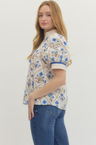 Ibiza Floral Print Puff Sleeve Top • Blue