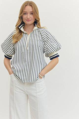 Tallulah Striped Puff Sleeve Top • Navy