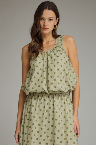 Autumn Olive Gingham Polka Top Sleeveless Top