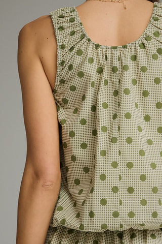 Autumn Olive Gingham Polka Top Sleeveless Top