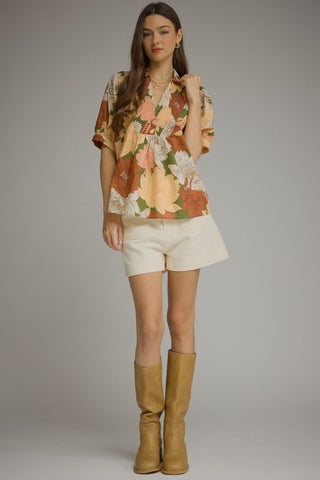 Warm Wishes Floral Puff Sleeve Top • Olive & Orange