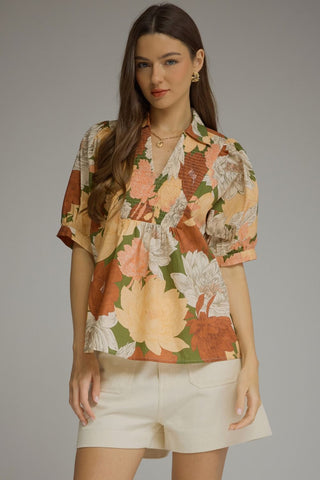 Warm Wishes Floral Puff Sleeve Top • Olive & Orange