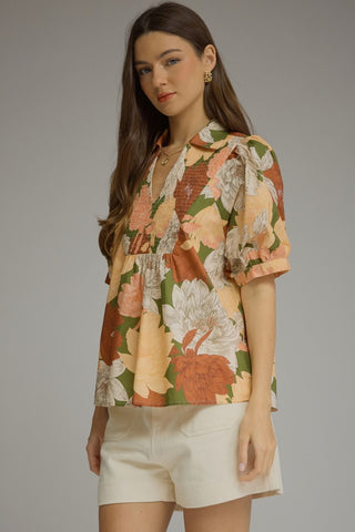 Warm Wishes Floral Puff Sleeve Top • Olive & Orange