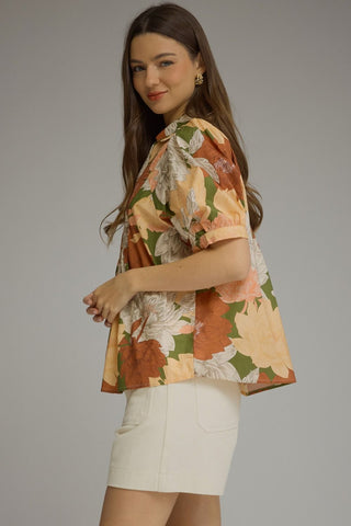 Warm Wishes Floral Puff Sleeve Top • Olive & Orange