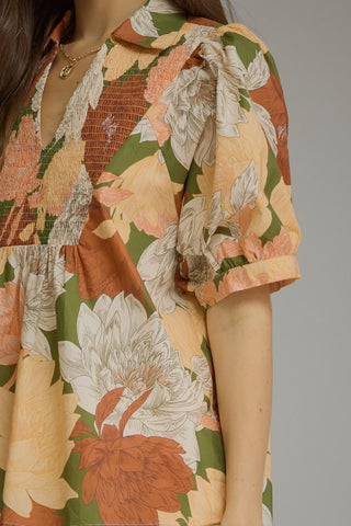 Warm Wishes Floral Puff Sleeve Top • Olive & Orange