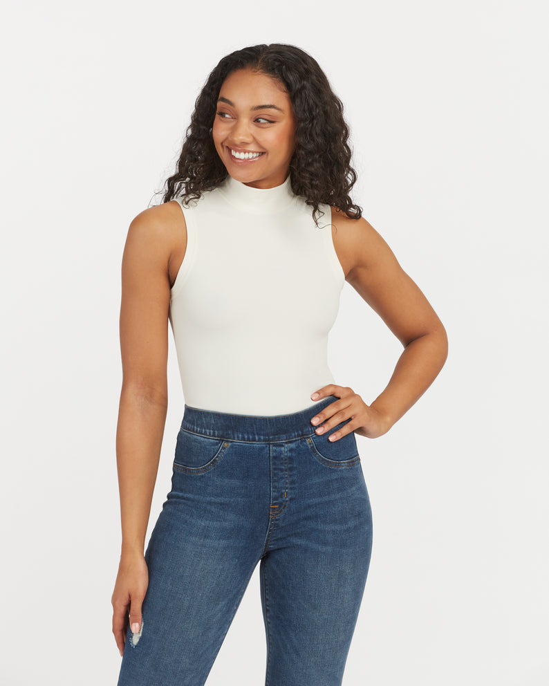 Suit Yourself Ribbed Mock Neck Sleeveless Bodysuit • Parchment