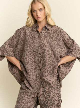 Animal Printed Ribbon Ruffle Sleeve Shirt Top • Mocha