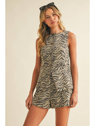 Zebra Print Denim Vest and Shorts Set • Sand