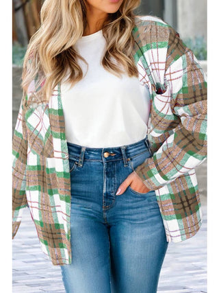 Christmas Plaid Casual Flannel Shacket • Khaki