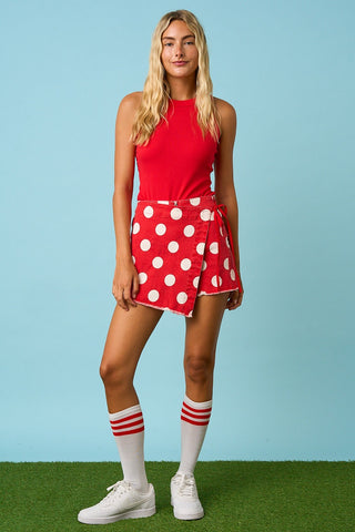 Delia Game Day Polka Dot Wrap Mini Skirt • Red