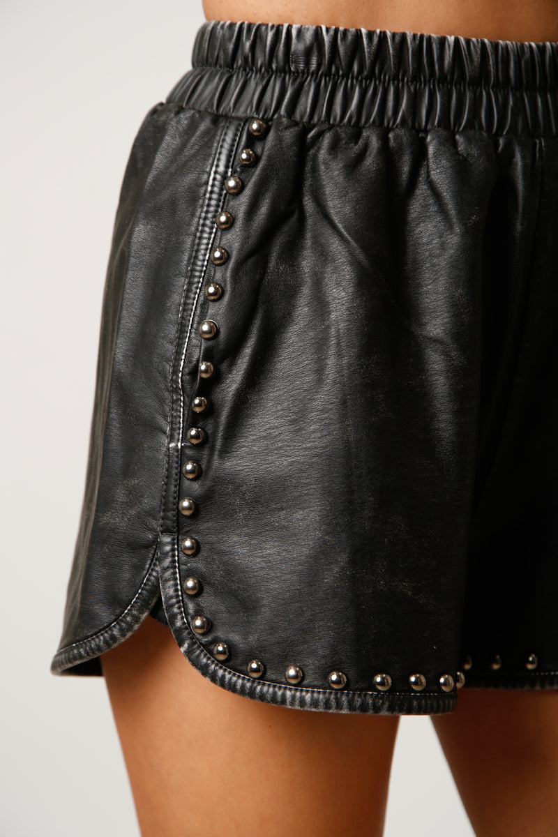 Studded Acid Wash Faux Leather Shorts • Black