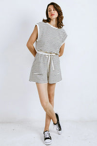 A Striped Knit Romper • Cream/Black