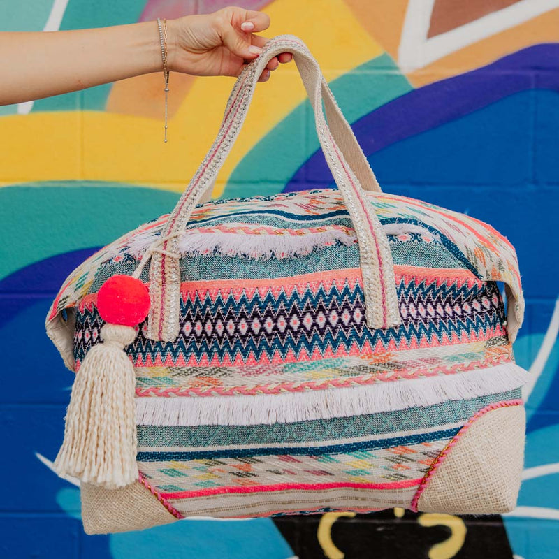 Multicolored Weekender Bag with Frill and Pom Pom Tassel • White Frilled Multicolored