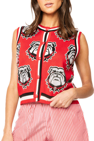 QOS Licensed UGA Knit In Rhinestone Button Up Knit Tank