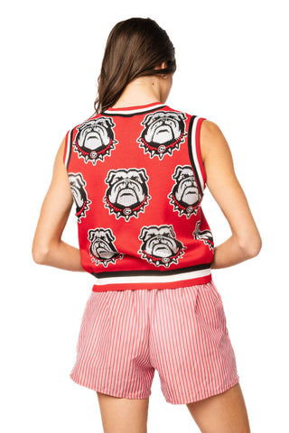 QOS Licensed UGA Knit In Rhinestone Button Up Knit Tank