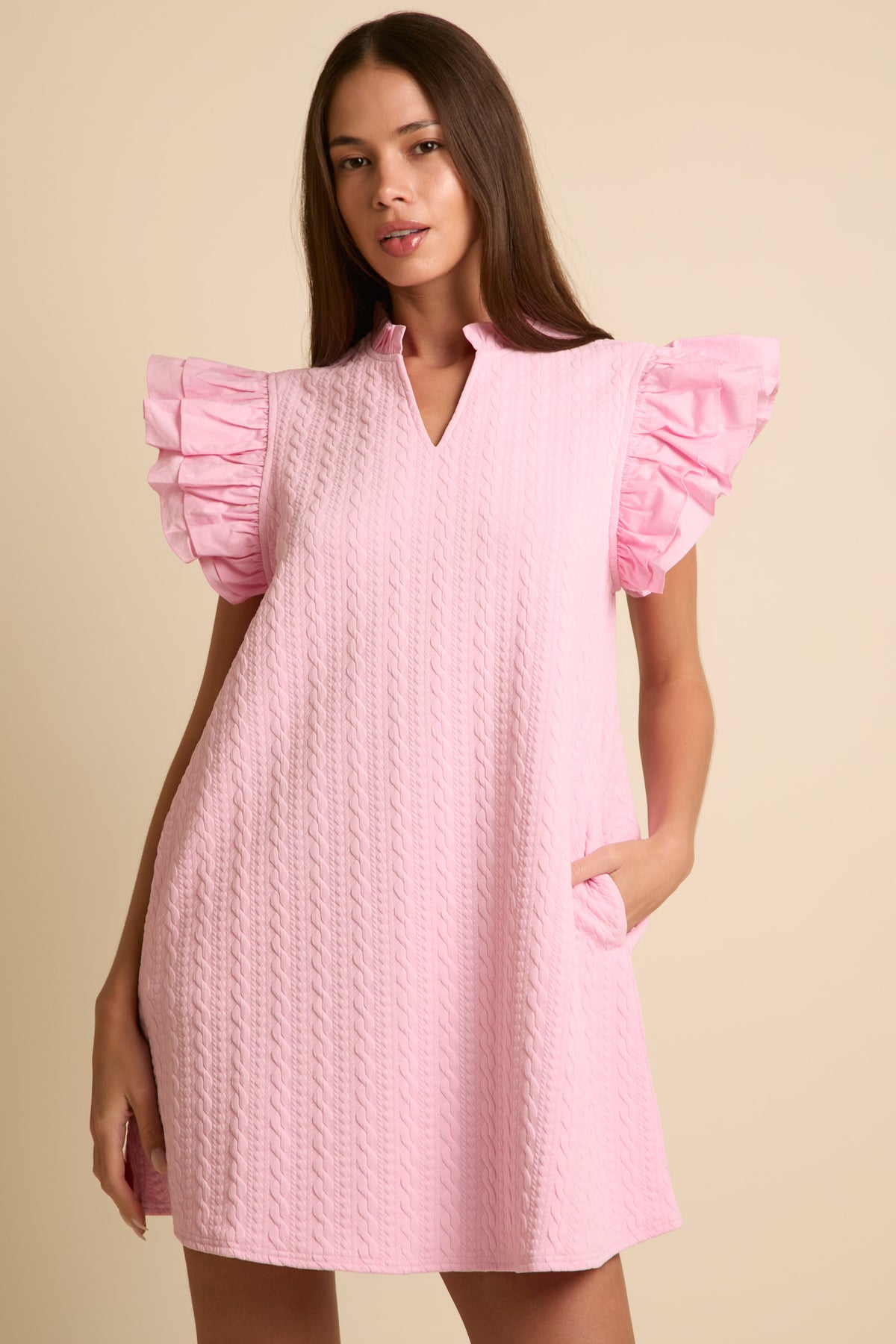 Ruffle Sleeve Textured Mini Dress • Pink