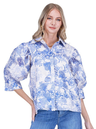 Puff Sleeve Shirt • Indigo Flower