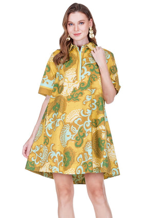 Placket Swing Dress • Saffron Scroll