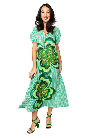 QOS Green Gingham Jeweled Shamrock Cotton Tie Back Midi Dress