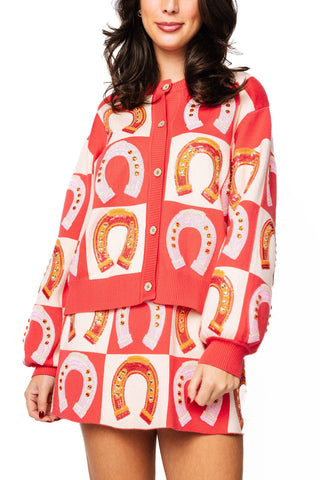 QOS Hot Pink Checkered Horse Shoe Button Up Sweater